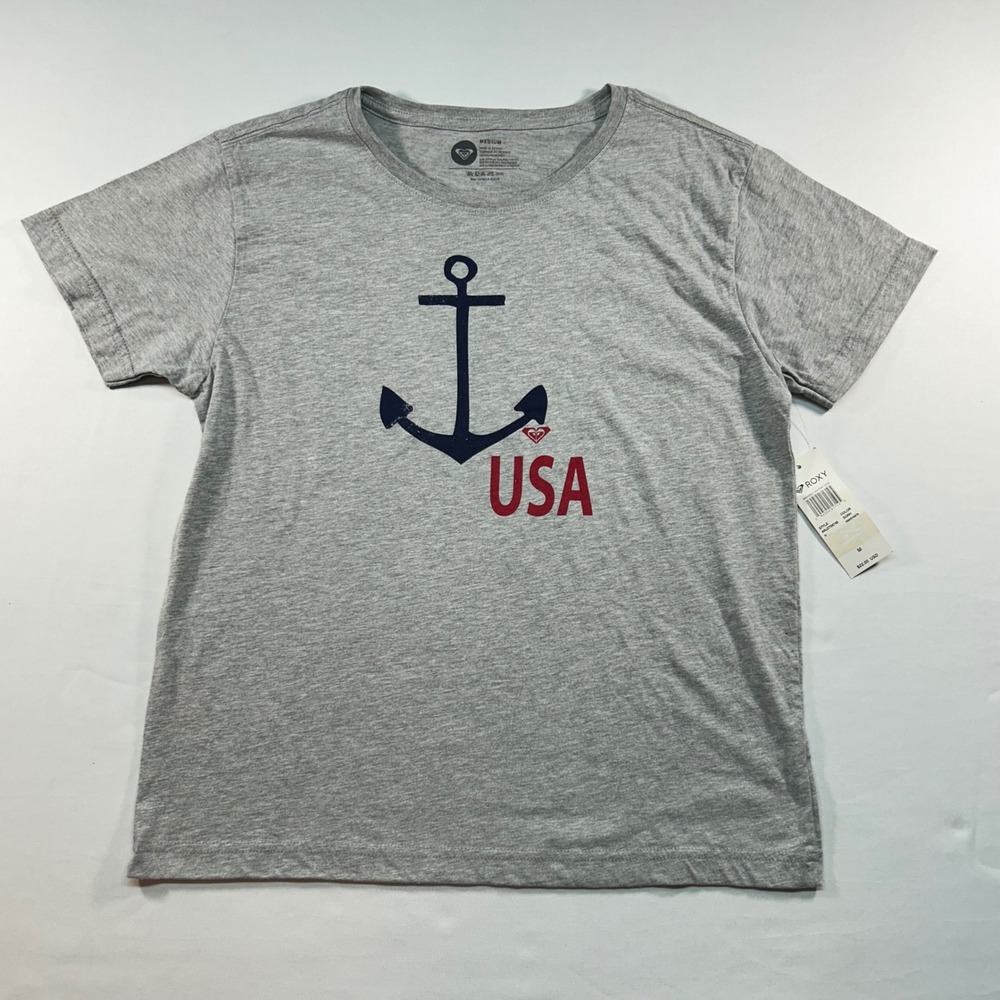 Roxy Anchored USA Perf Crew Gray Heather Anchor Graphic T-Shirt ARJZT05749 Med
